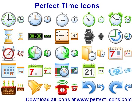 94 attractive time-related stock icons for software toolbars and menus and Web